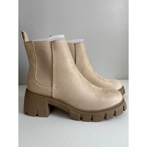 IDIFU Women 7.5 Nude Suede Chelsea Boots Chunky Lug Sole Block Heel Ankle Boots